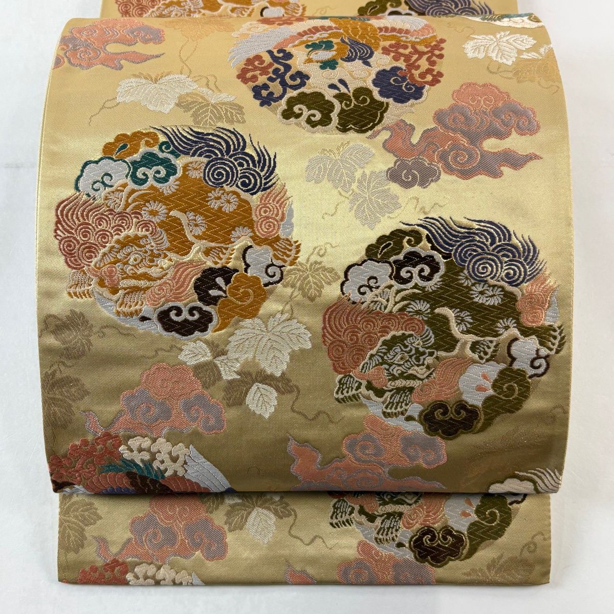 美品】 袋帯 名品 吉祥文様 鳥 箔 唐織 ベージュ 六通 正絹