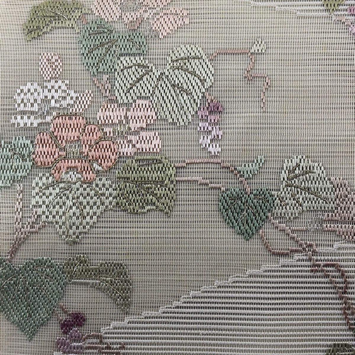 名古屋帯 秀品 夏帯 絽 八寸名古屋帯 草花 葡萄 金糸 刺繍 クリーム 正絹