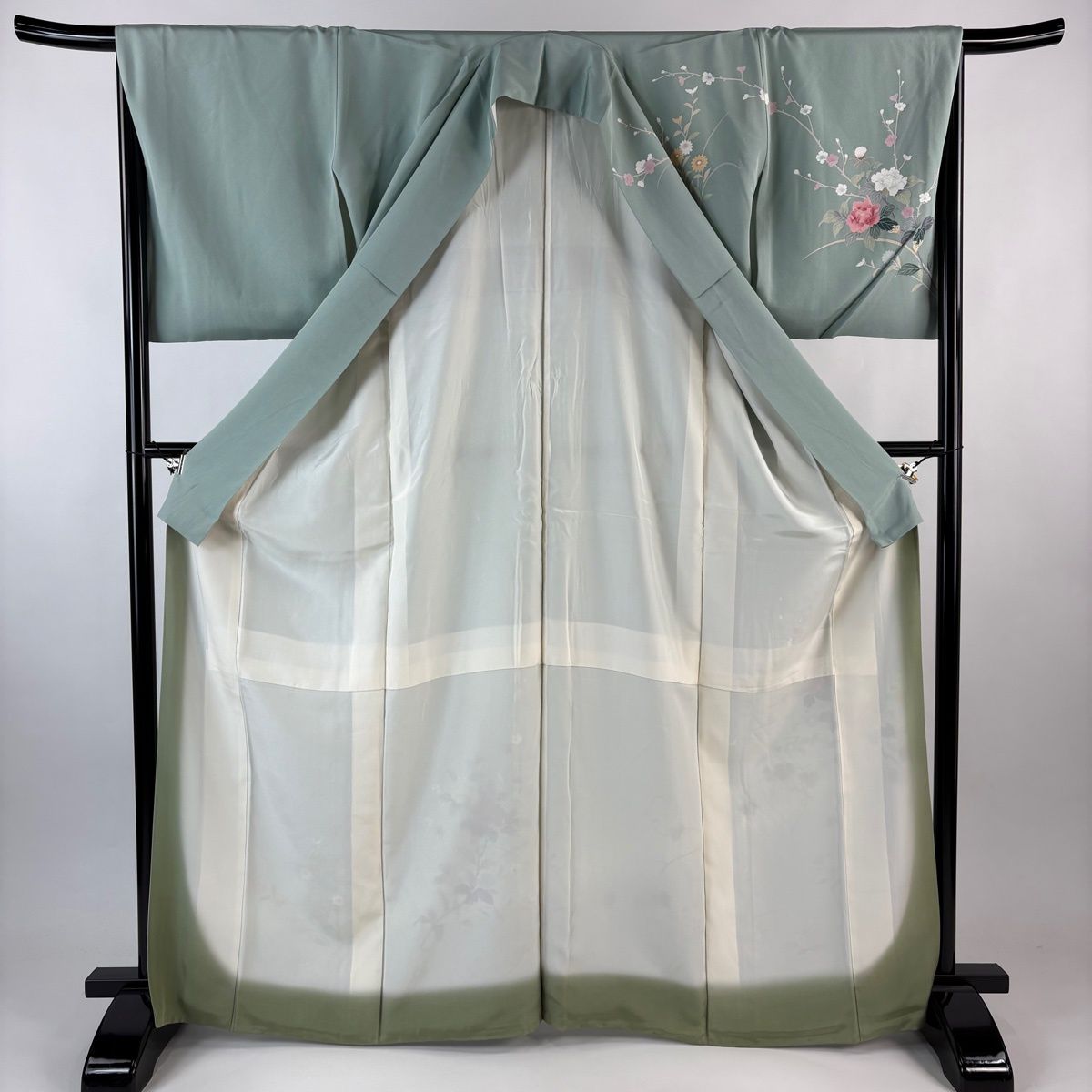  訪問着 身丈167 cm 裄丈67 5 L 袷 草花 枝花 ぼかし 薄緑 正絹 秀品 一つ紋 訪問着 付け下げ 着物