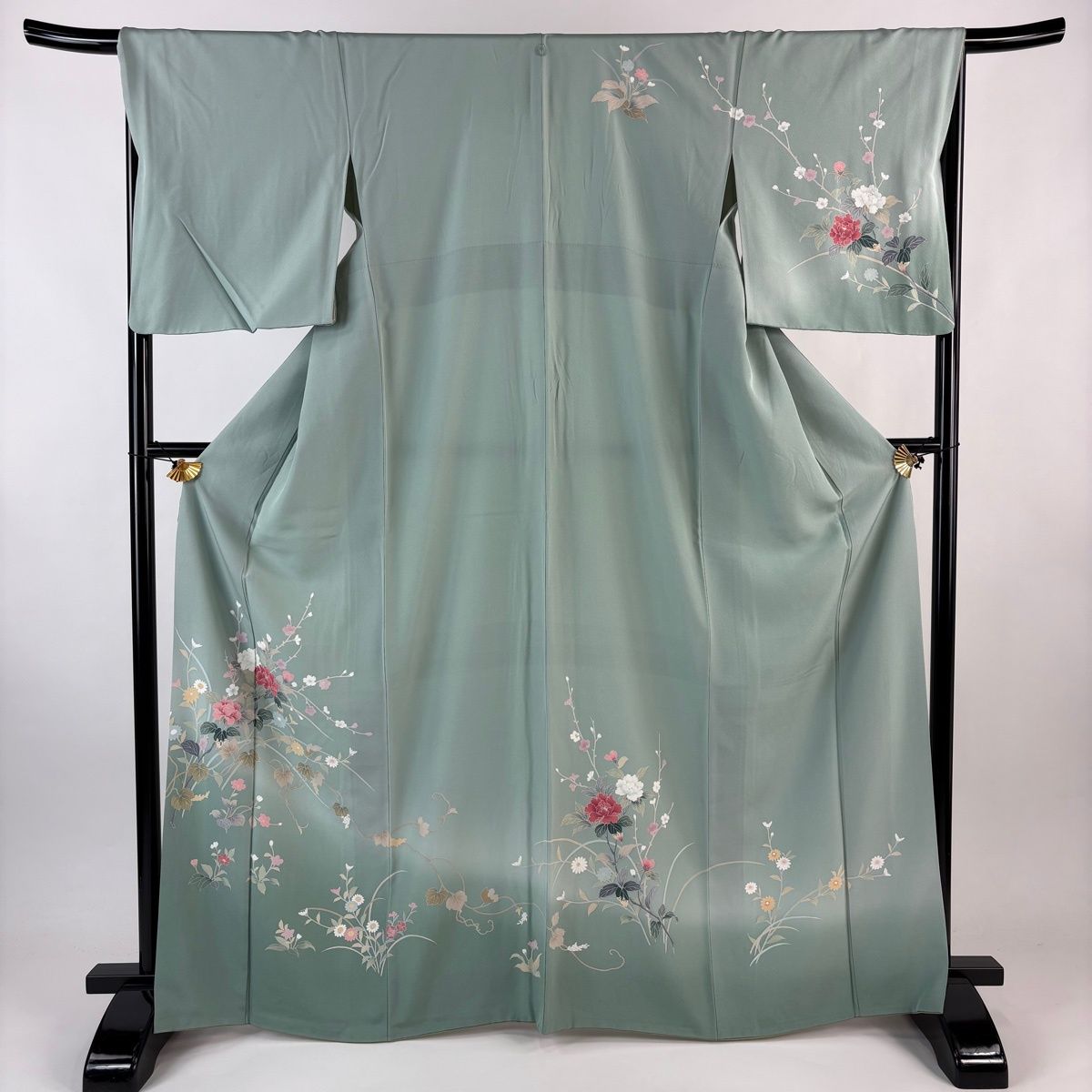 訪問着 身丈167 cm 裄丈67 5 L 袷 草花 枝花 ぼかし 薄緑 正絹 秀品 一つ紋