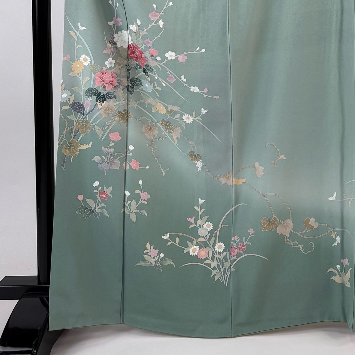 訪問着 身丈167 cm 裄丈67.5 L 袷 草花 枝花 ぼかし 薄緑 正絹 秀品 一つ紋