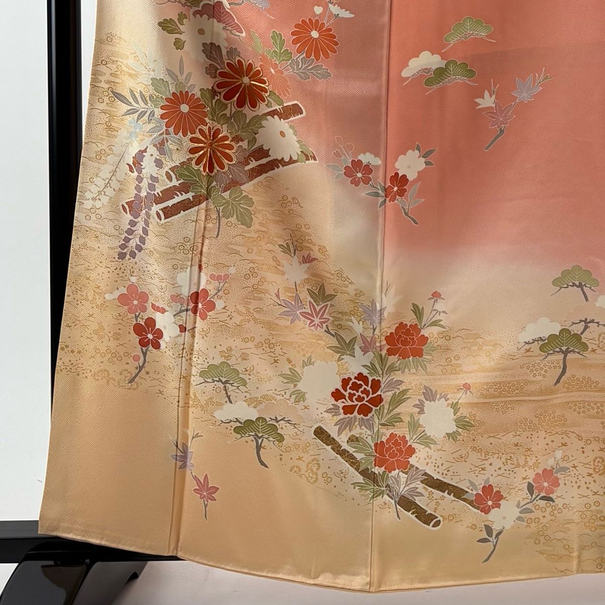 訪問着 身丈161 cm 裄丈64.5 M 袷 花筏 菊 金糸 金彩 サーモンピンク 正絹 秀品