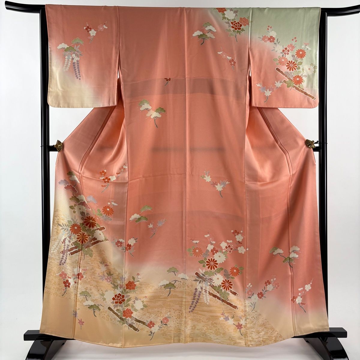 訪問着 身丈161 cm 裄丈64.5 M 袷 花筏 菊 金糸 金彩 サーモンピンク 正絹 秀品