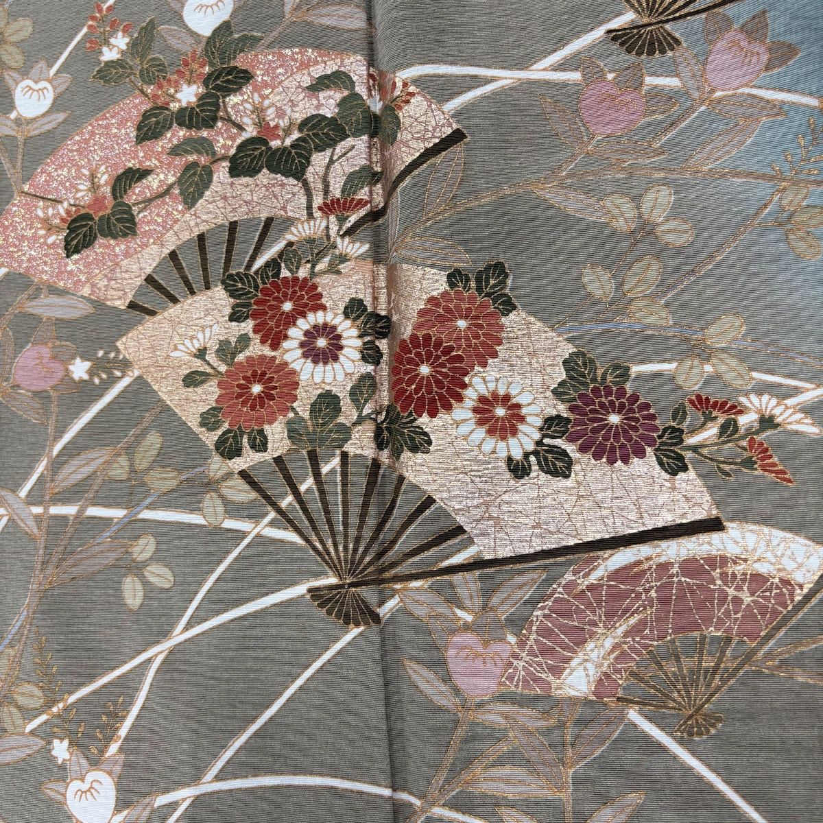  訪問着 身丈161 5 cm 裄丈65 M 袷 扇 草花 金銀彩 ぼかし 灰緑 正絹 秀品 訪問着 付け下げ 着物