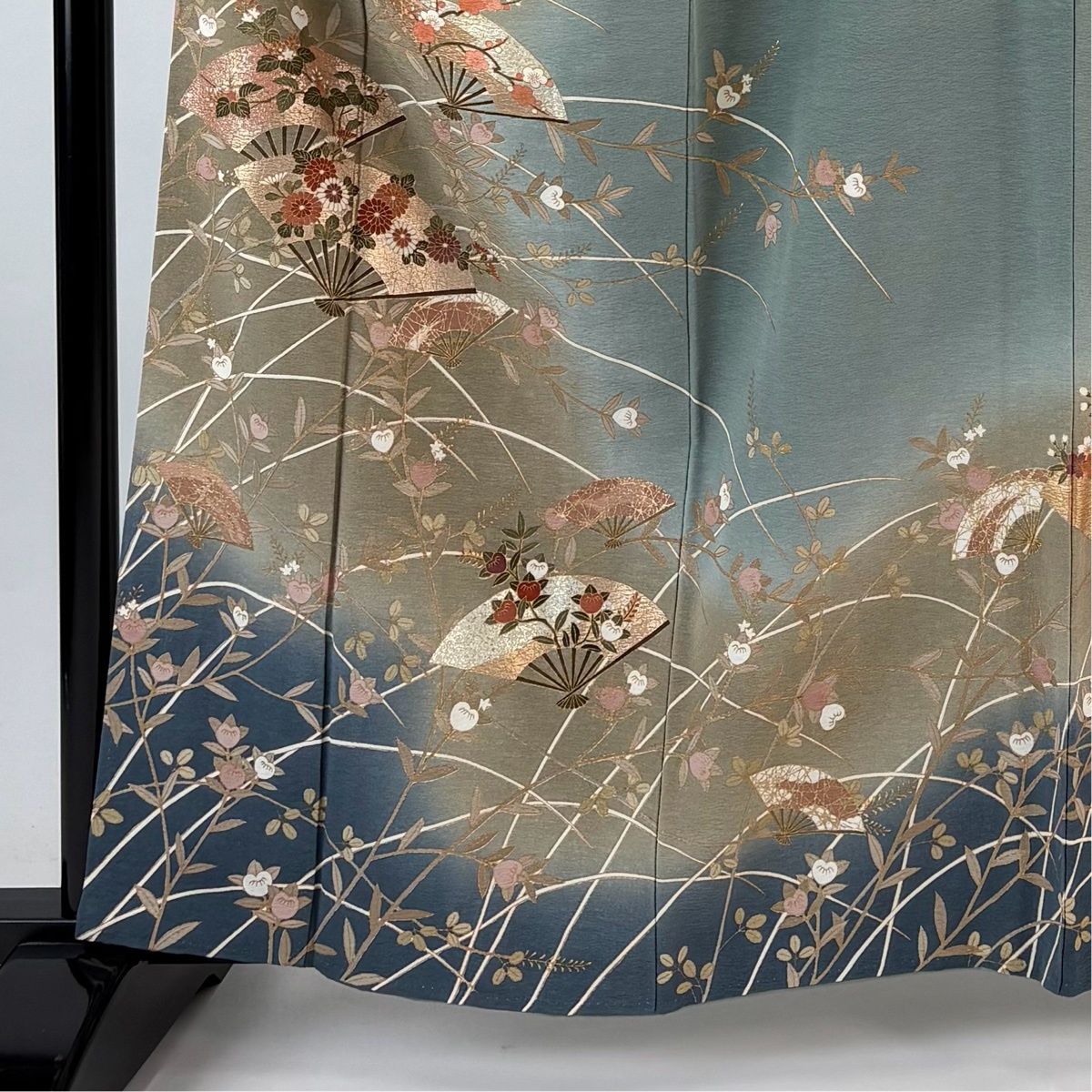 訪問着 身丈161.5 cm 裄丈65 M 袷 扇 草花 金銀彩 ぼかし 灰緑 正絹 秀品
