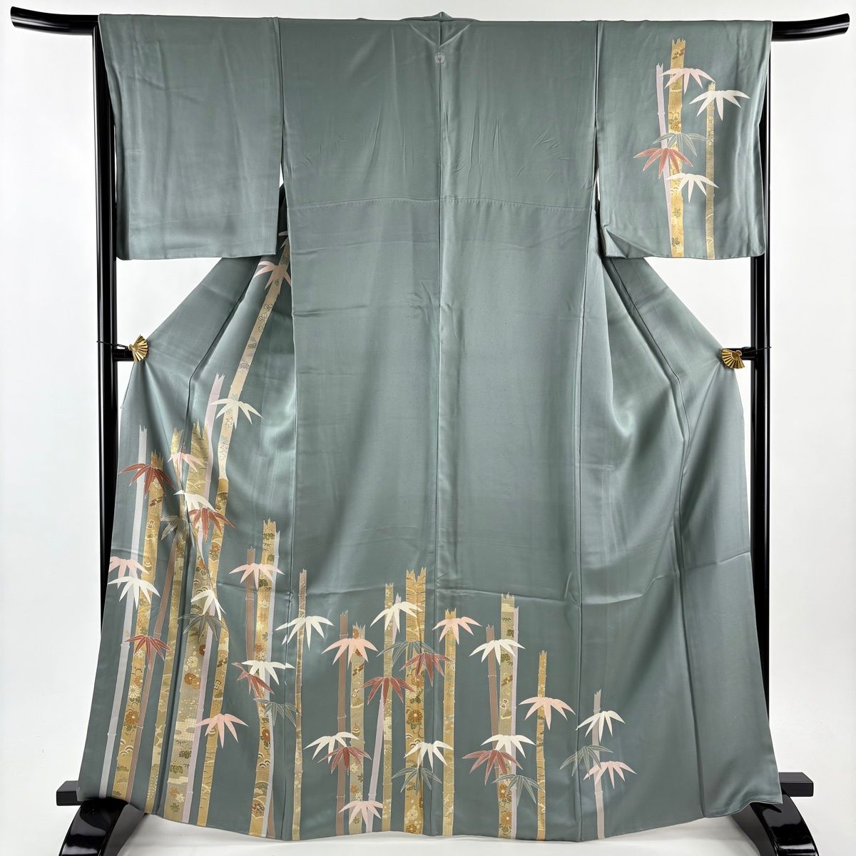 訪問着 身丈167 cm 裄丈66 5 M 袷 竹 宝づくし 金糸 金彩 灰緑 正絹 秀品 一つ紋