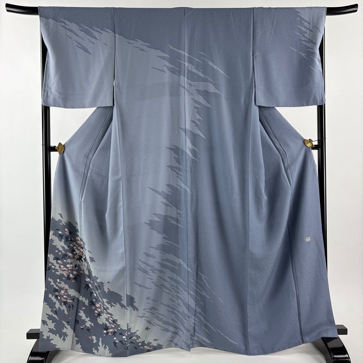 訪問着 身丈165 5 cm 裄丈68 L 袷 落款 幾何学模様 地紋 ぼかし 青灰色 正絹 秀品