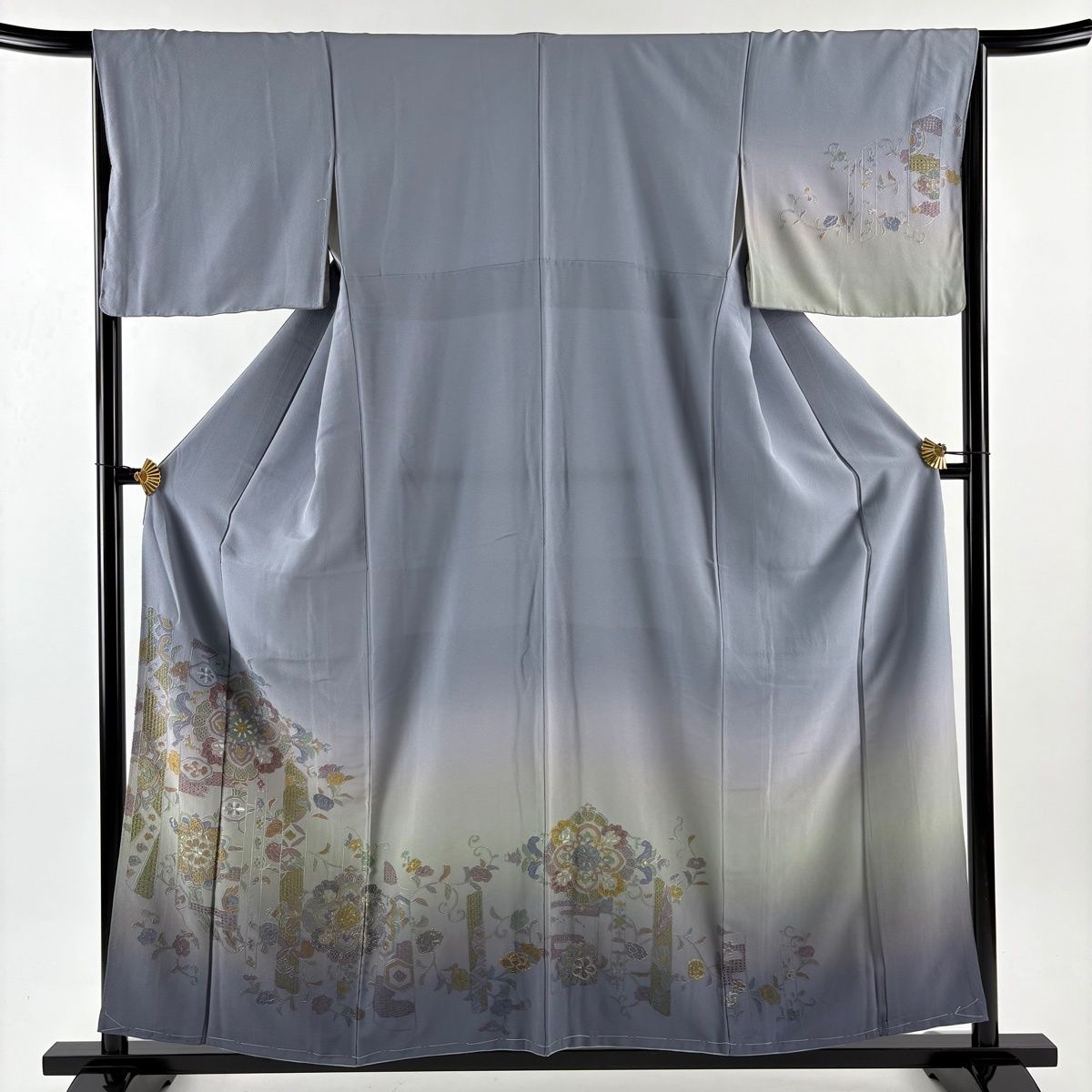 訪問着 身丈158 cm 裄丈65 M 袷 華文 草花 刺繍 金糸 青灰色 正絹 秀品