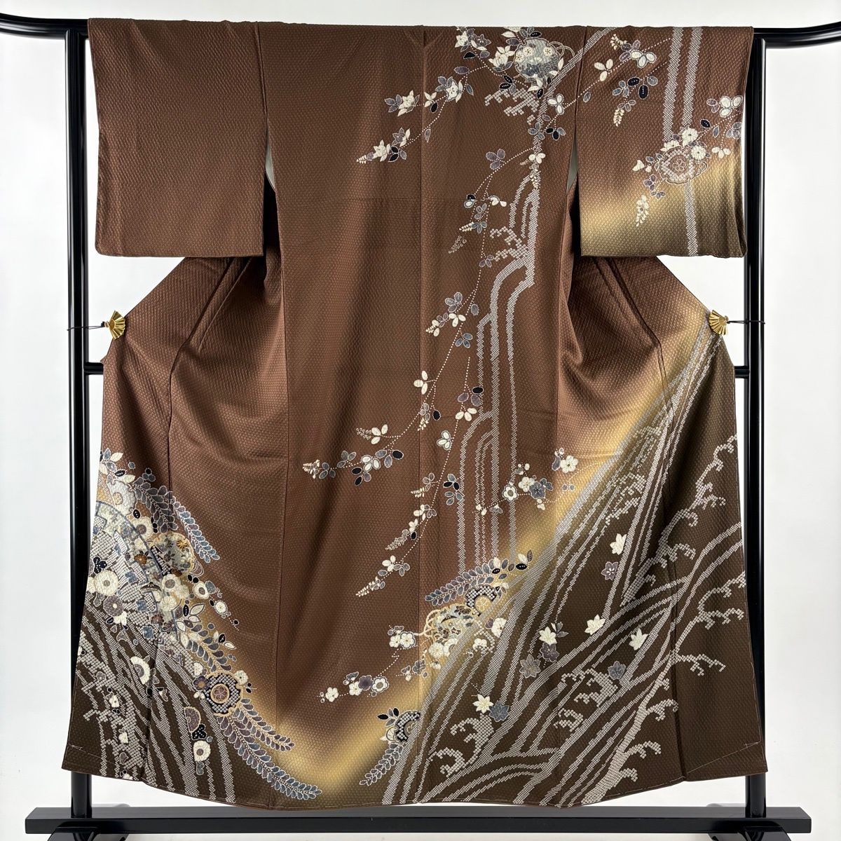 訪問着 身丈154 5 cm 裄丈63 S 袷 草花 雪輪 金糸 金彩 茶色 正絹 秀品