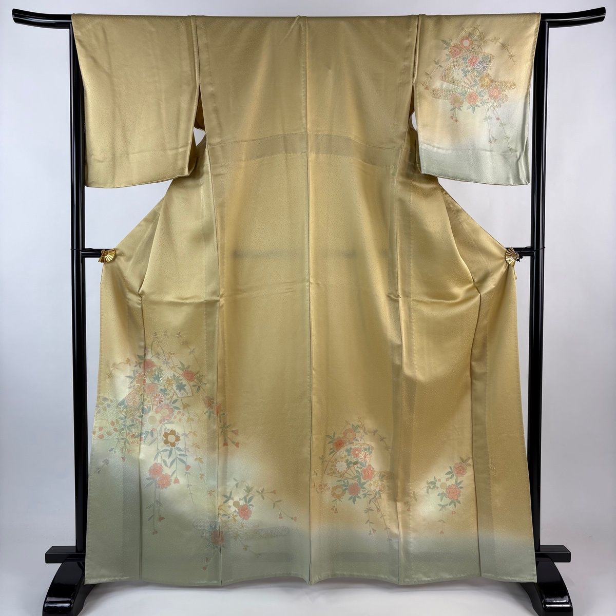 訪問着 身丈166.5 cm 裄丈66.5 M 単衣 扇 桜 刺繍 ぼかし からし色 正絹 秀品