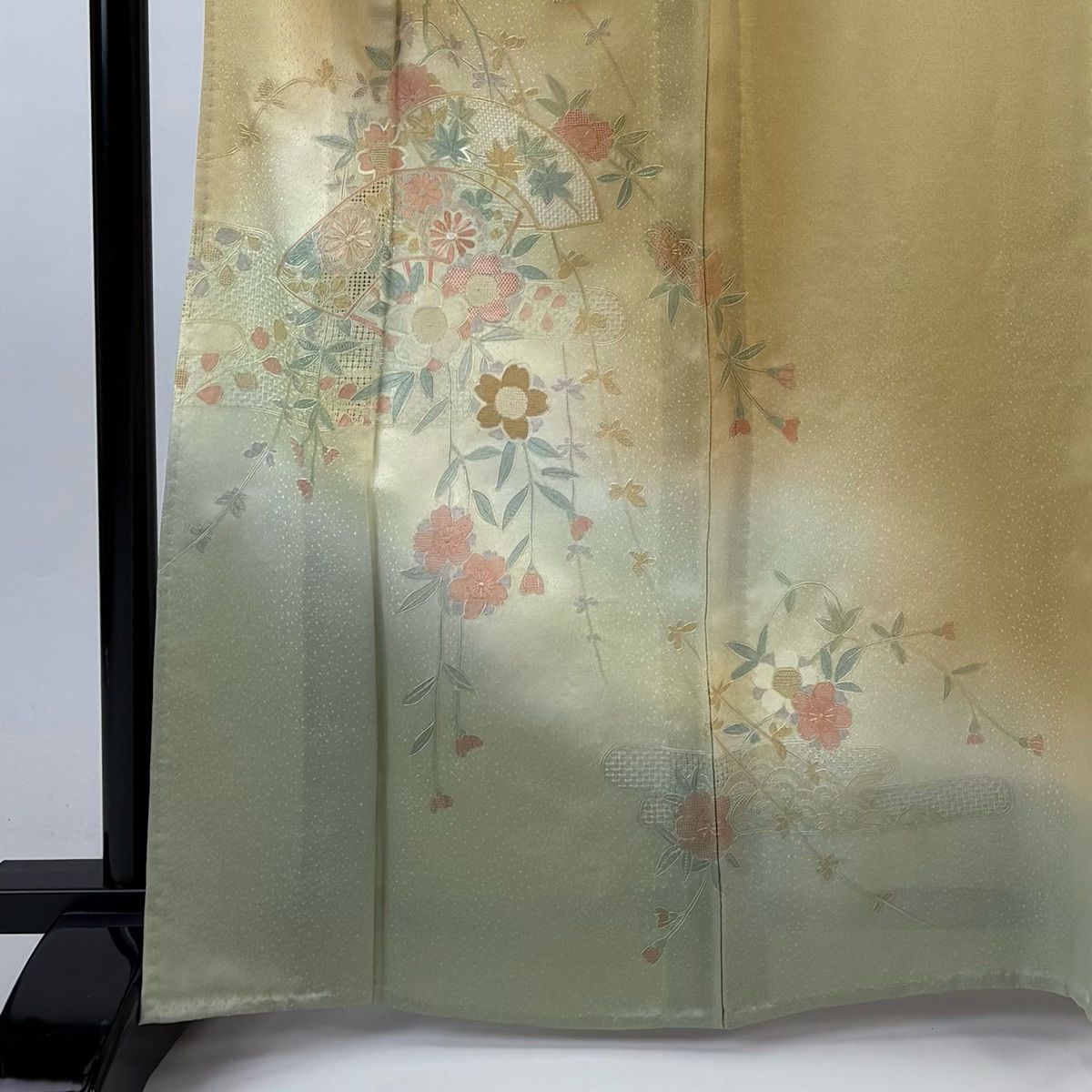 訪問着 身丈166.5 cm 裄丈66.5 M 単衣 扇 桜 刺繍 ぼかし からし色 正絹 秀品