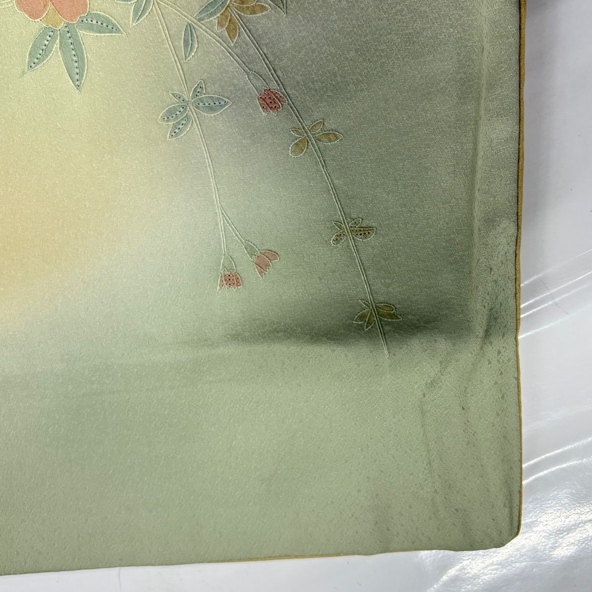  訪問着 身丈166.5 cm 裄丈66.5 M 単衣 扇 桜 刺繍 ぼかし からし色 正絹 秀品 訪問着 付け下げ 着物