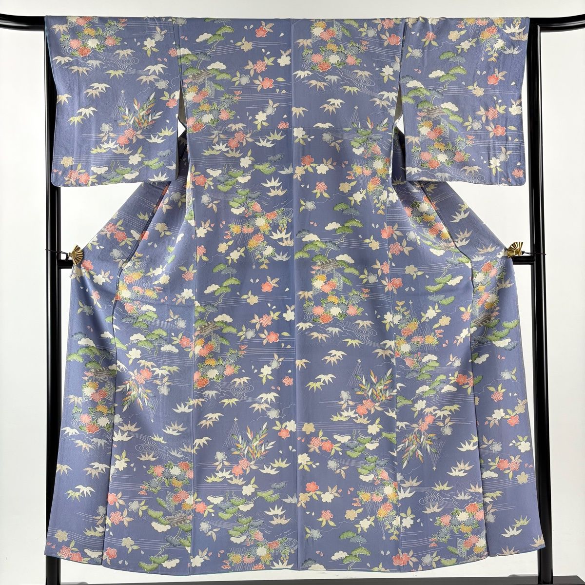 小紋 身丈153 5 cm 裄丈65 M 袷 やまと 網干 草花 紫 正絹 秀品