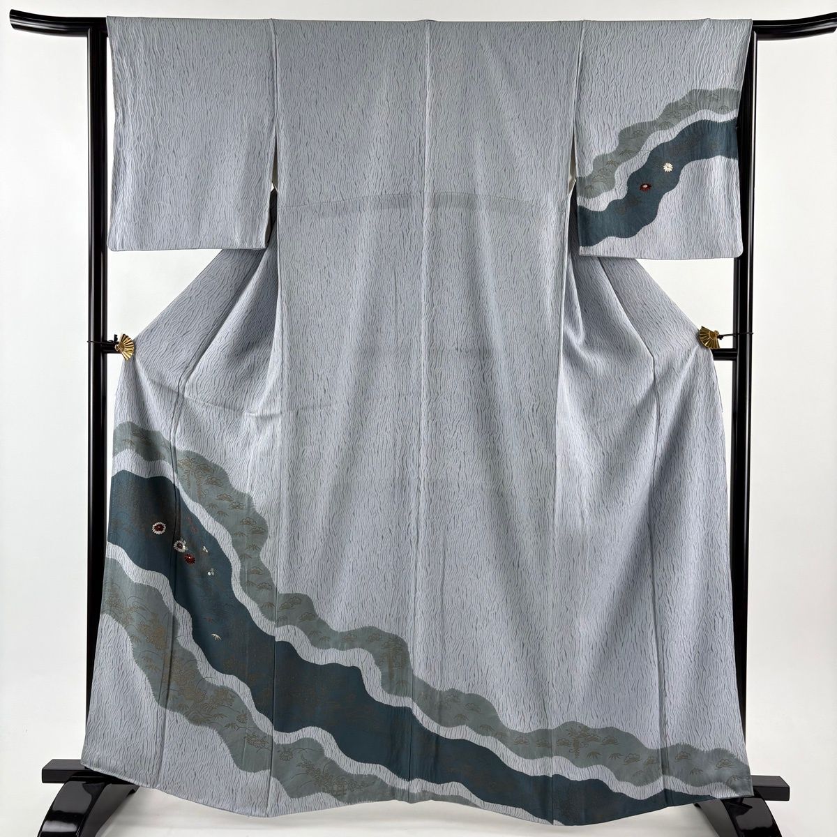 訪問着 身丈164 cm 裄丈64.5 M 袷 草花 流水 絞り 金彩 青灰色 正絹 秀品