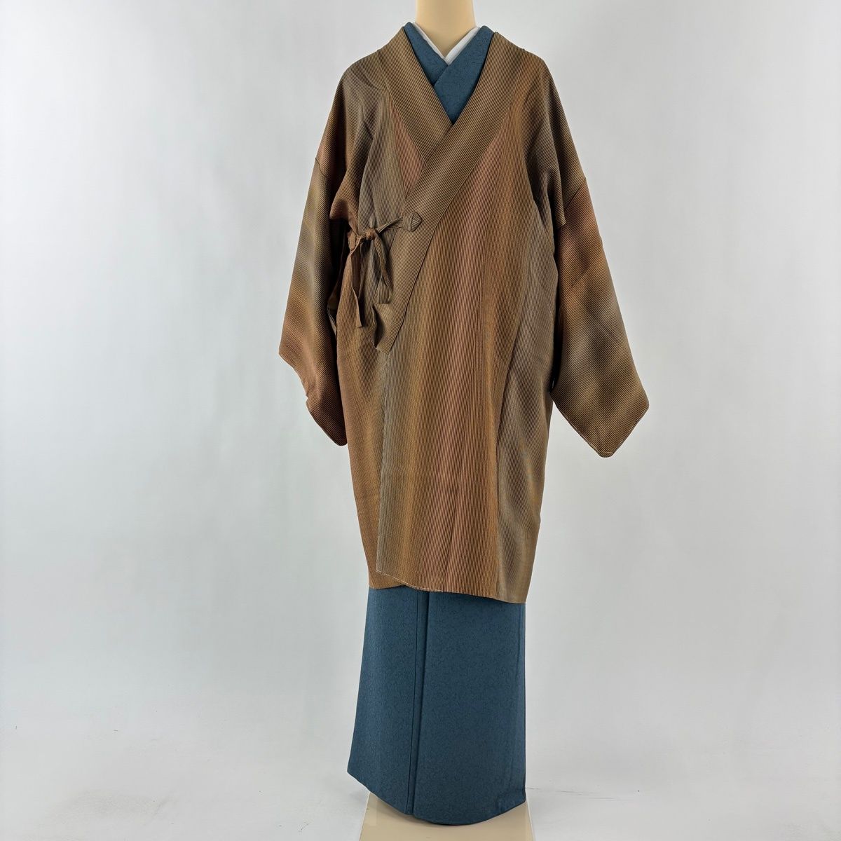 道中着 身丈99 cm 裄丈67 M 和装コート 着物衿 縦縞 地紋 茶色 正絹 秀品