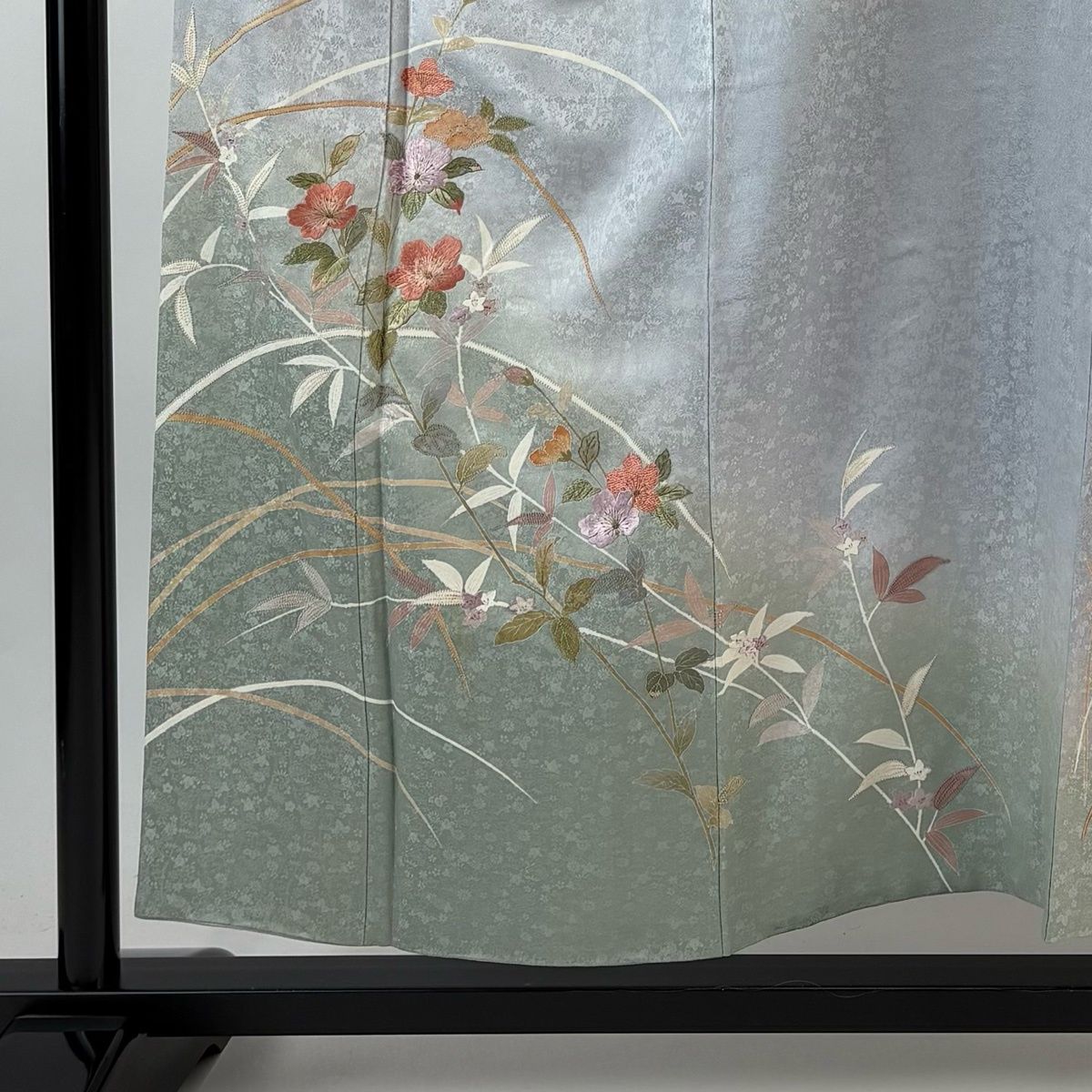 訪問着 身丈155.5 cm 裄丈63 S 袷 草花 地紋 刺繍 金糸 青灰色 正絹 秀品 一つ紋