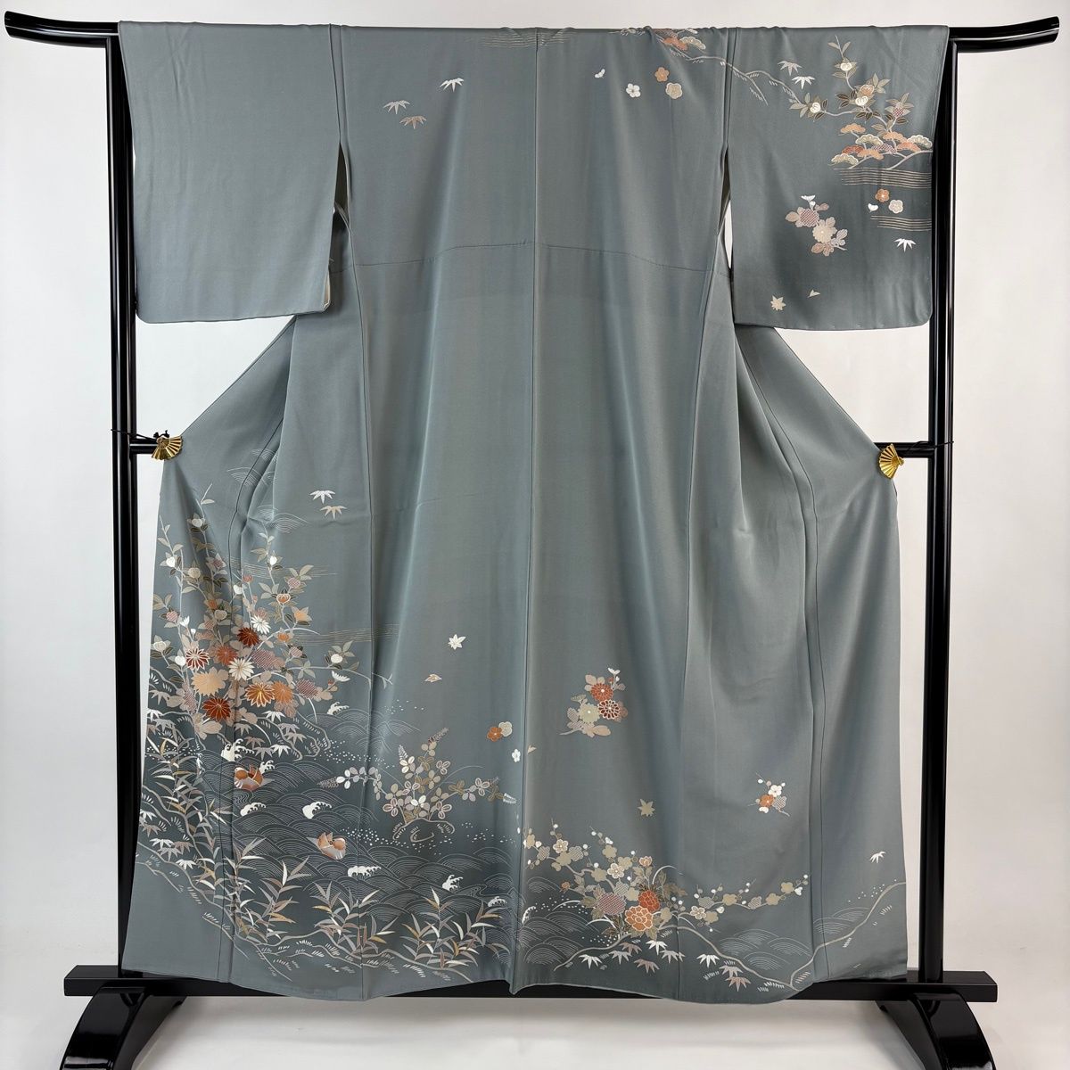 訪問着 身丈159.5 cm 裄丈66 M 袷 草花 鴛鴦 金糸 金彩 灰緑 正絹 秀品