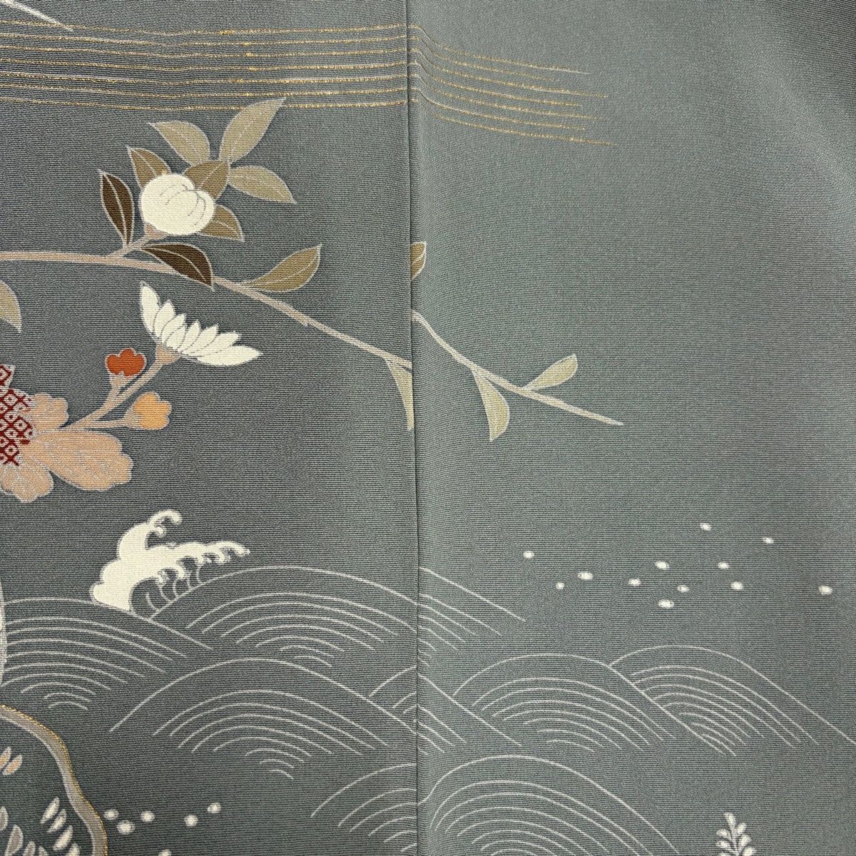  訪問着 身丈159.5 cm 裄丈66 M 袷 草花 鴛鴦 金糸 金彩 灰緑 正絹 秀品 訪問着 付け下げ 着物