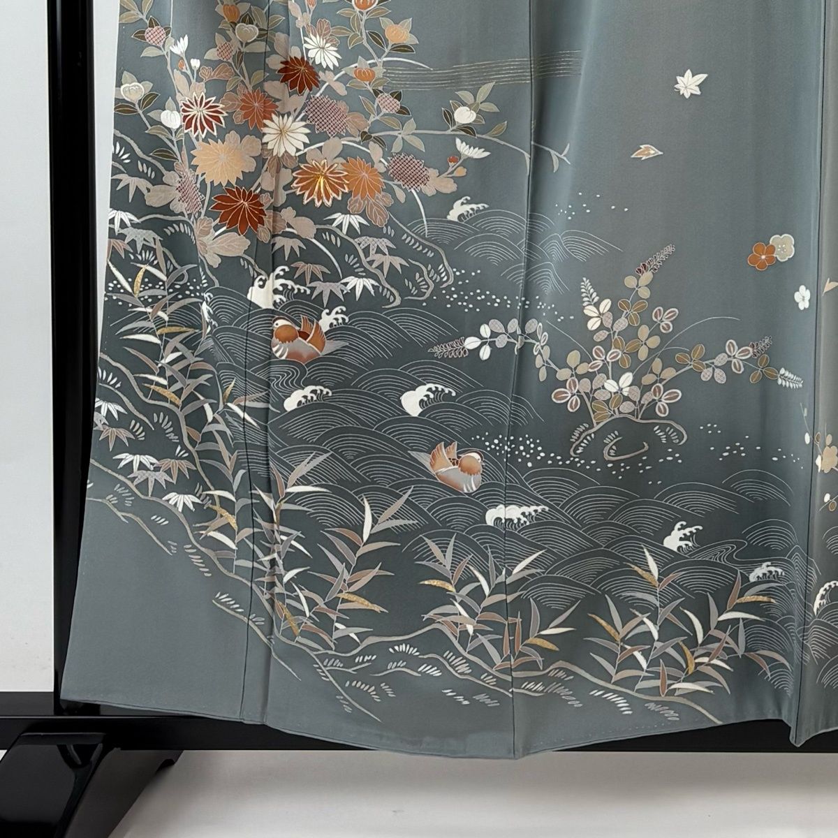 訪問着 身丈159.5 cm 裄丈66 M 袷 草花 鴛鴦 金糸 金彩 灰緑 正絹 秀品