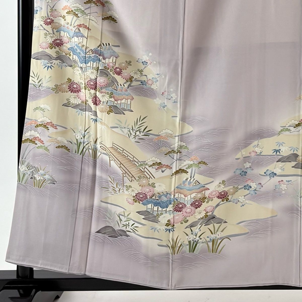 色留袖 身丈159.5 cm 裄丈64.5 M 袷 落款 風景 松竹梅 ぼかし 灰紫 正絹 秀品 一つ紋