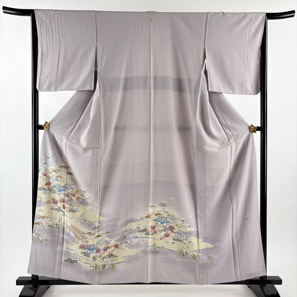 色留袖 身丈159 5 cm 裄丈64 M 袷 落款 風景 松竹梅 ぼかし 灰紫 正絹 秀品 一つ紋