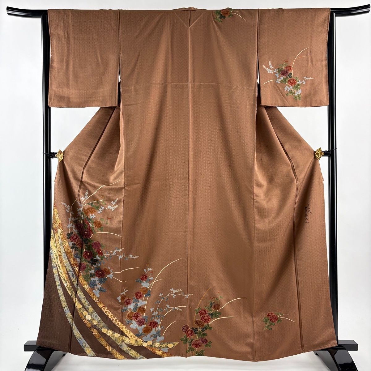 訪問着 身丈164 cm 裄丈63.5 S 袷 落款 菊 蔓帯 金糸 金彩 茶色 正絹 秀品