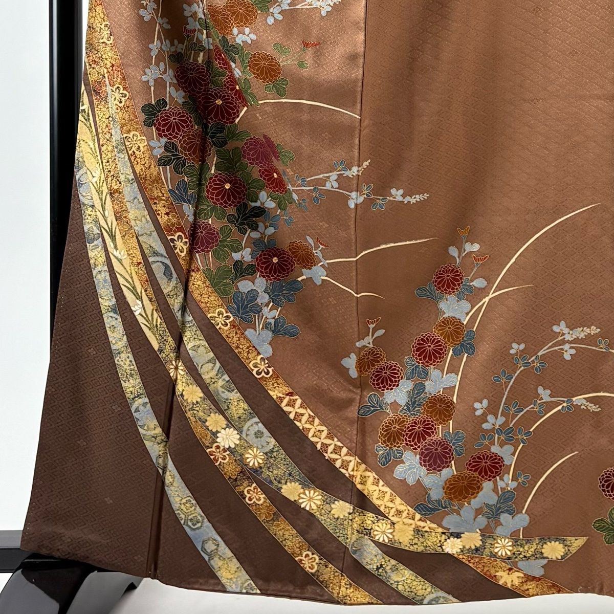 訪問着 身丈164 cm 裄丈63.5 S 袷 落款 菊 蔓帯 金糸 金彩 茶色 正絹 秀品