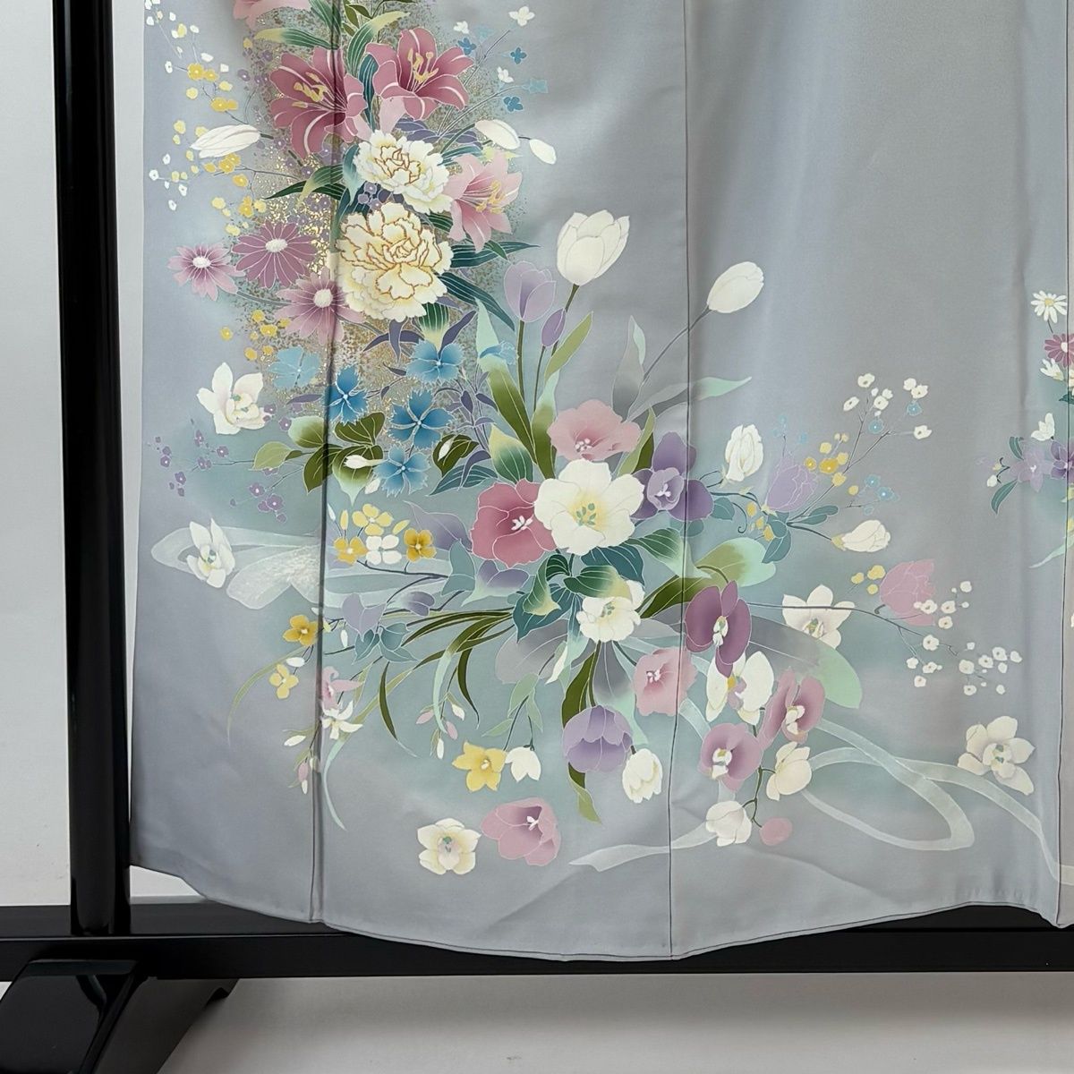 訪問着 身丈158 cm 裄丈62 S 袷 落款 草花 金糸 金彩 灰色 正絹 秀品