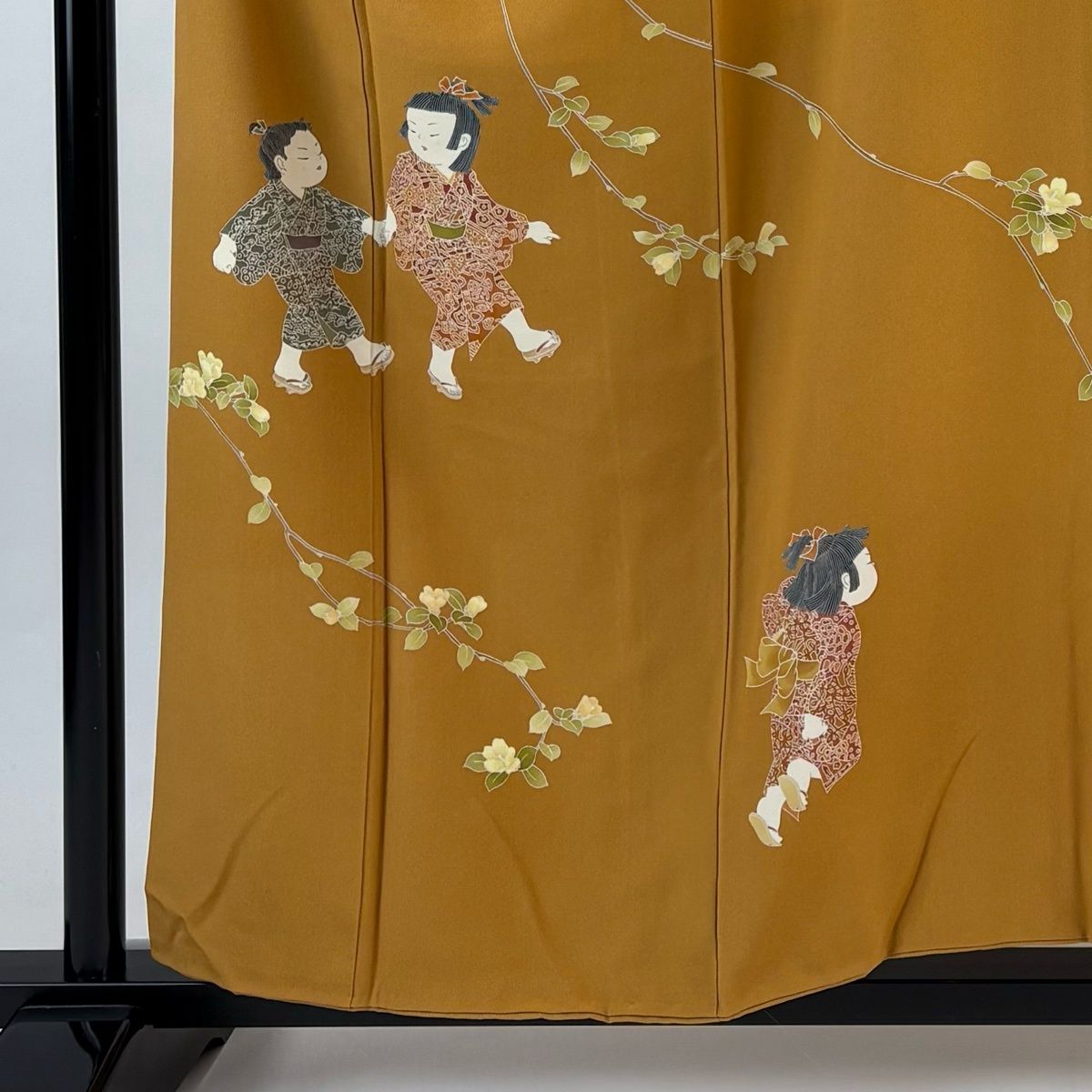 訪問着 身丈157 cm 裄丈65.5 M 袷 関口遼一 落款 童 枝花 山吹色 正絹 秀品