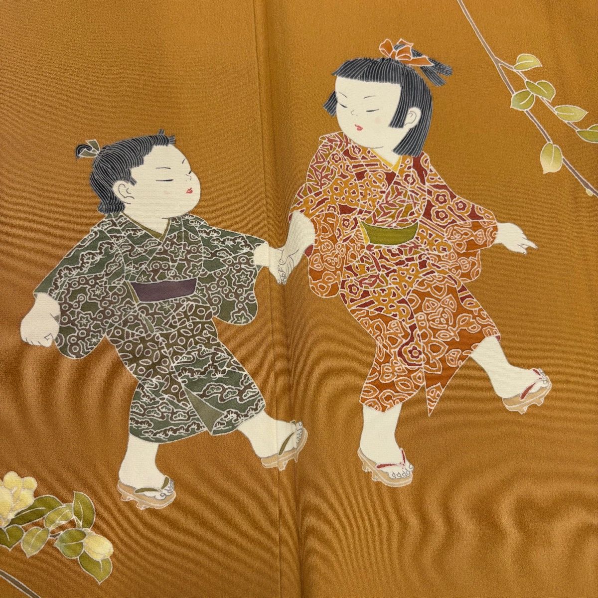  訪問着 身丈157 cm 裄丈65 5 M 袷 関口遼一 落款 童 枝花 山吹色 正絹 秀品 訪問着 付け下げ 着物