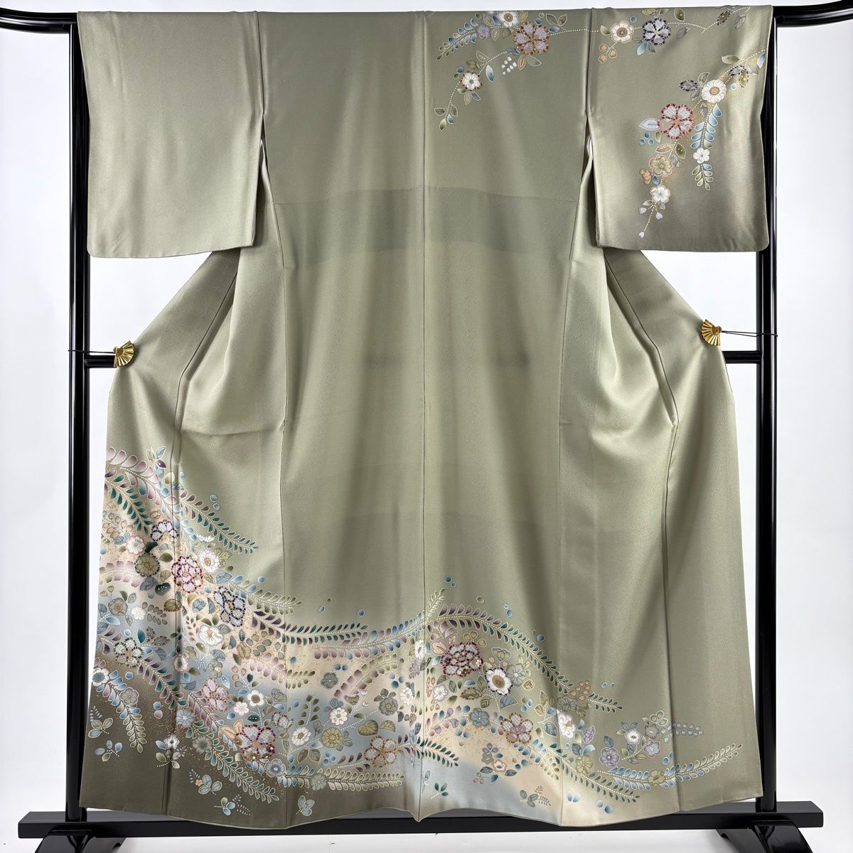 訪問着 身丈157cm 裄丈65cm M 袷 草花 金彩 ぼかし 灰緑 正絹 名品 【】