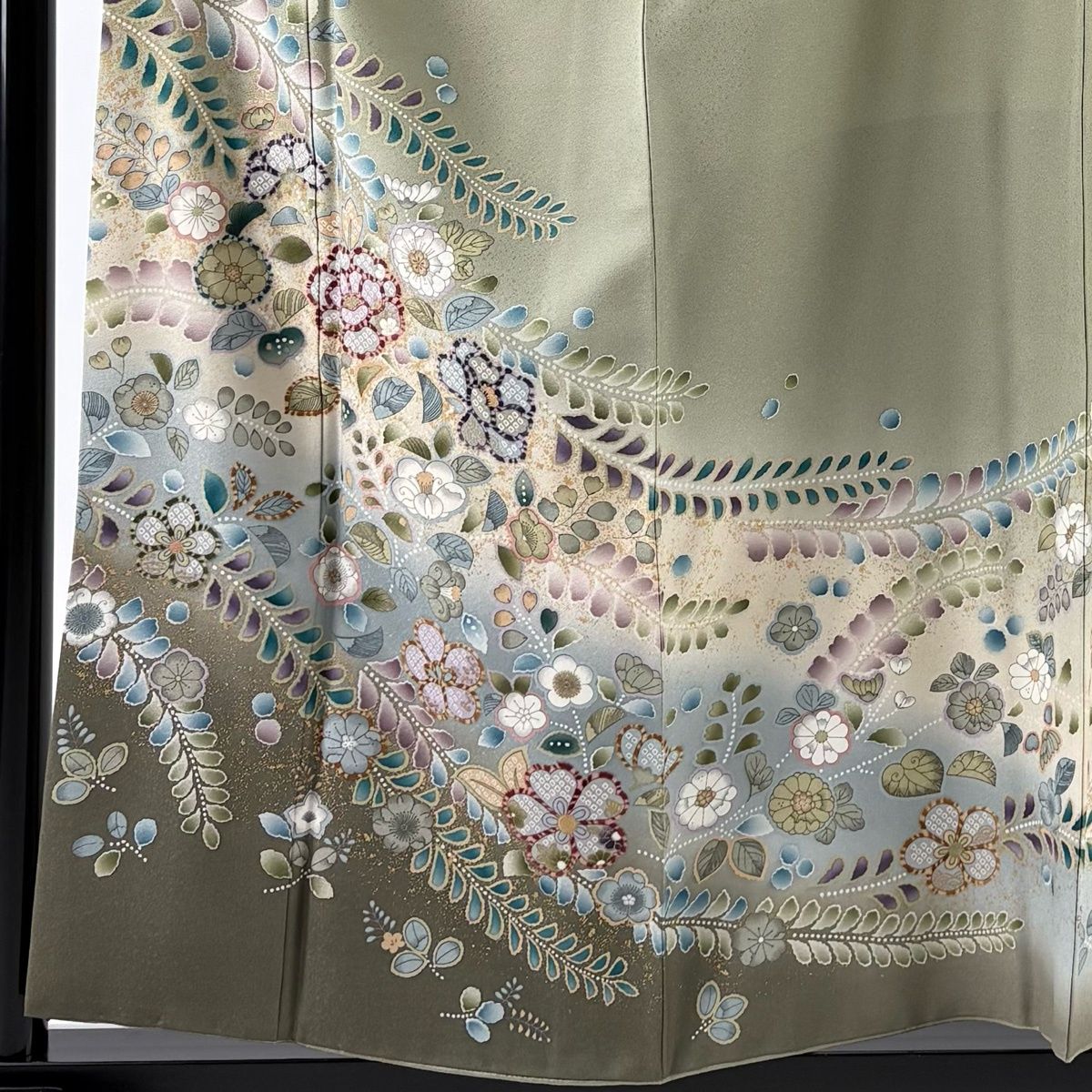 訪問着 身丈157 cm 裄丈65 M 袷 草花 金彩 ぼかし 灰緑 正絹 名品