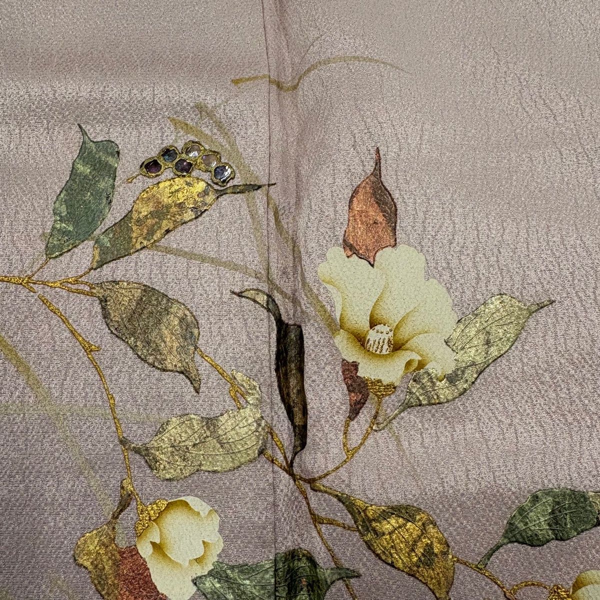  付下げ 身丈161.5 cm 裄丈63 S 袷 葉柄 実 螺鈿 金彩 薄ピンク 正絹 訪問着 付け下げ 着物