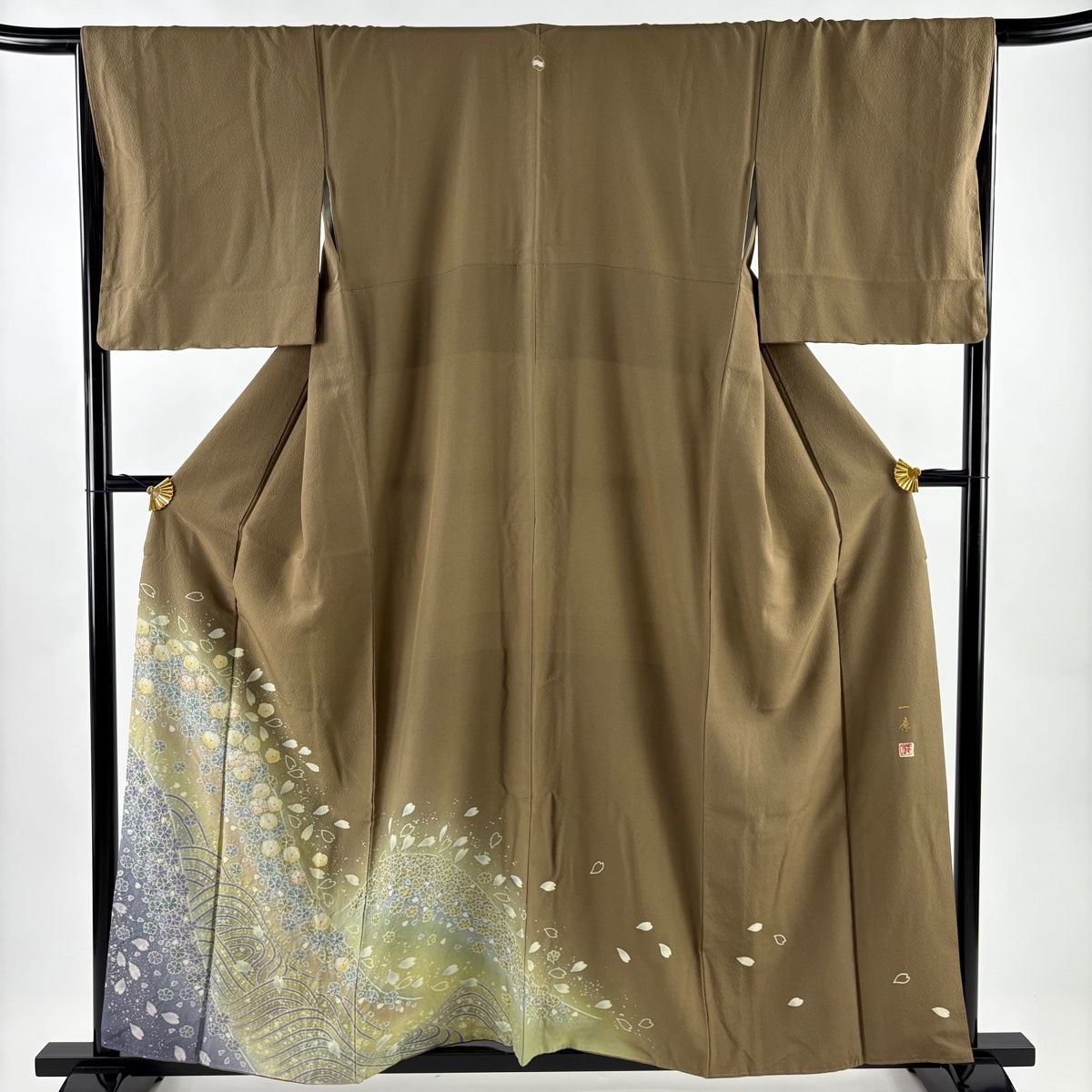 色留袖 身丈158 cm 裄丈66.5 M 袷 吉乃一廉 落款 辻が花 波 ぼかし 金彩 茶色 正絹 一つ紋