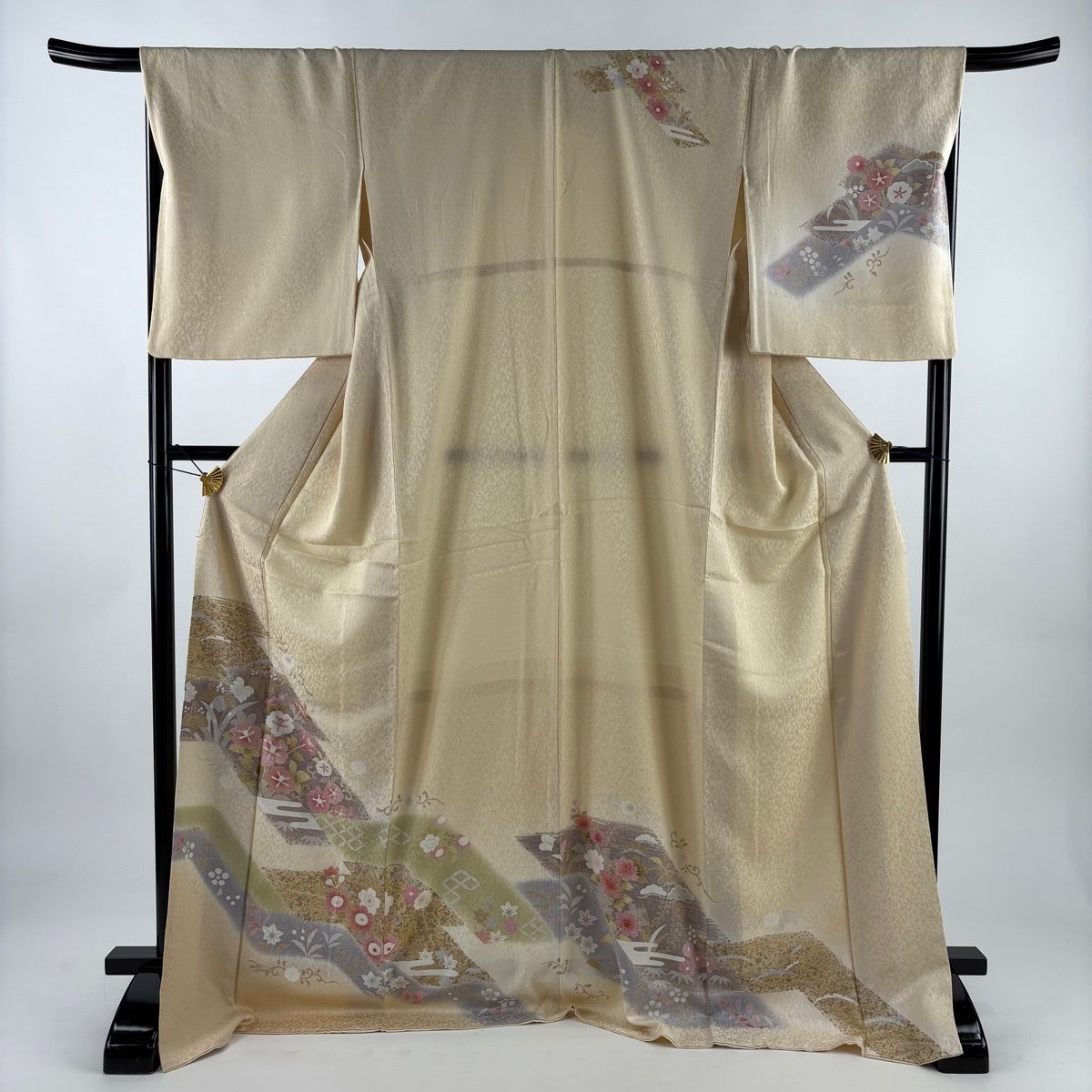 訪問着 身丈174 cm 裄丈68 L 袷 椿 花唐草 金糸 金彩 ベージュ 正絹 名品