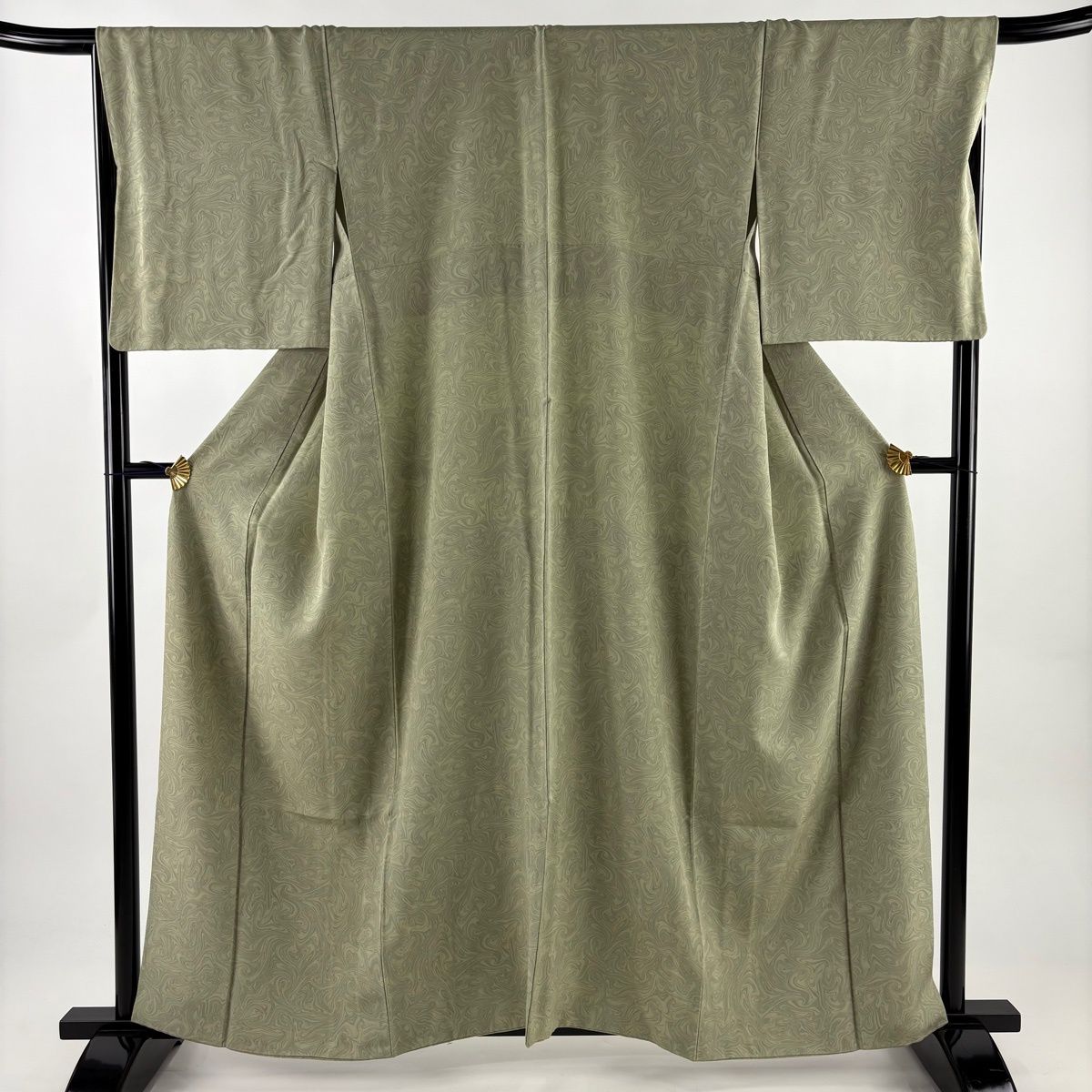 小紋 身丈160 cm 裄丈68 L 袷 鈴乃屋 墨流し 灰緑 正絹