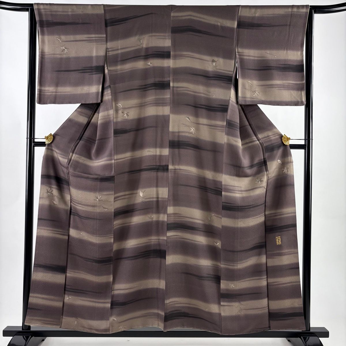 小紋 身丈155.5 cm 裄丈63 S 袷 中村玉緒 落款 楓 霞 刺繍 ぼかし 灰茶 正絹 名品