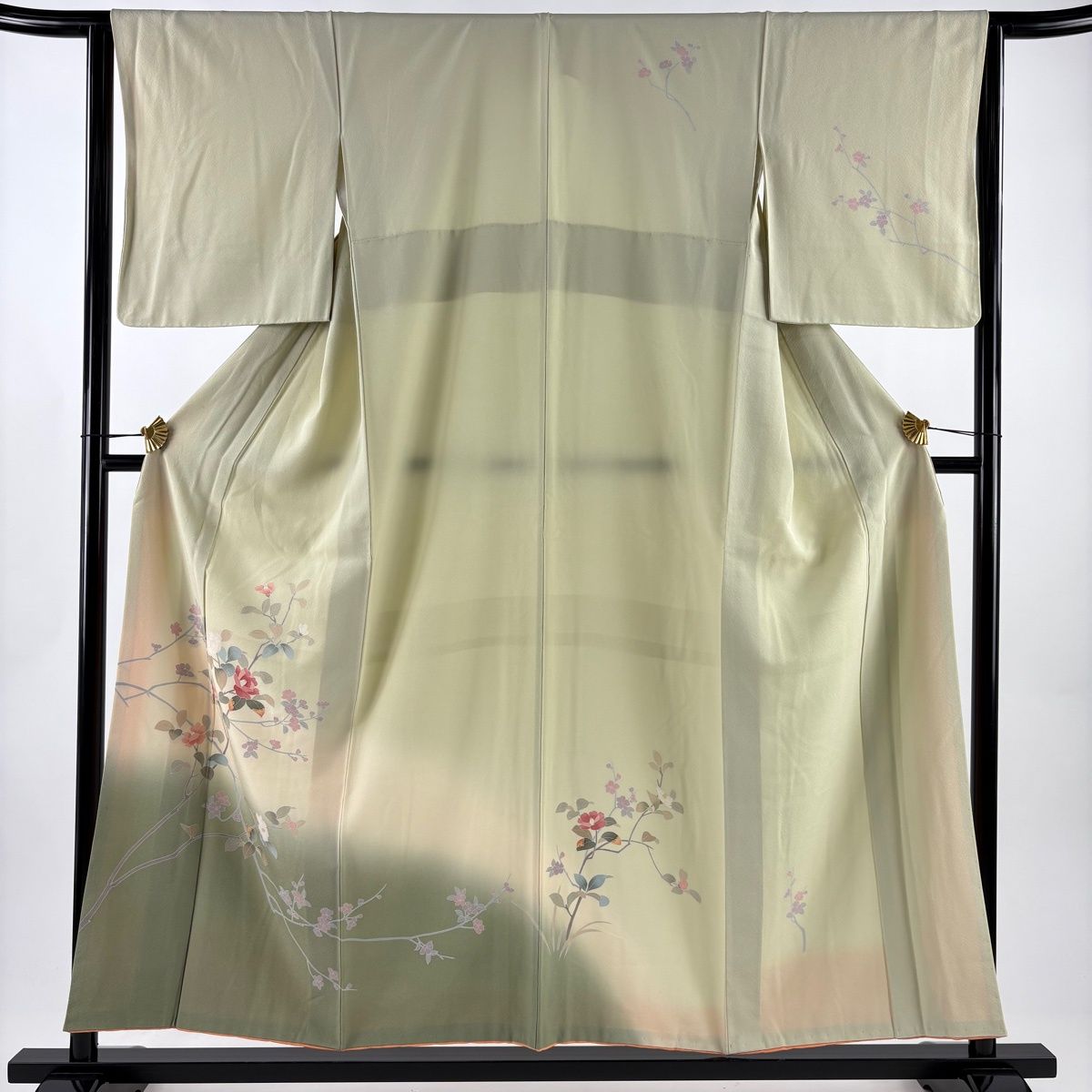 訪問着 身丈155 cm 裄丈64 M 袷 椿 枝花 ぼかし 薄緑 正絹