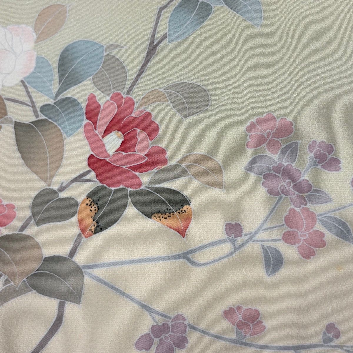  訪問着 身丈155 cm 裄丈64 M 袷 椿 枝花 ぼかし 薄緑 正絹 名品 訪問着 付け下げ 着物