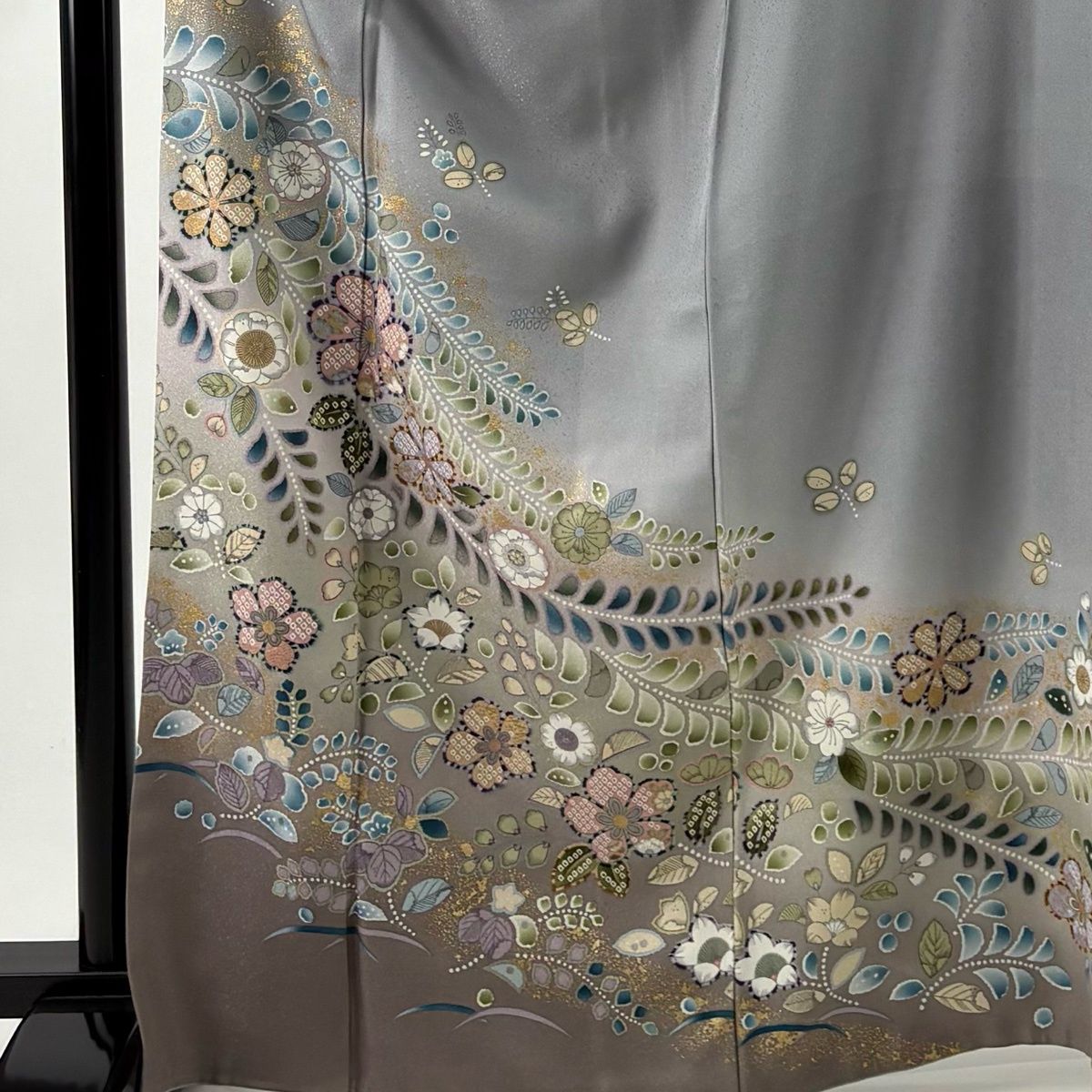 訪問着 身丈166.5 cm 裄丈65.5 M 袷 草花 芝 金彩 ぼかし 灰色 正絹