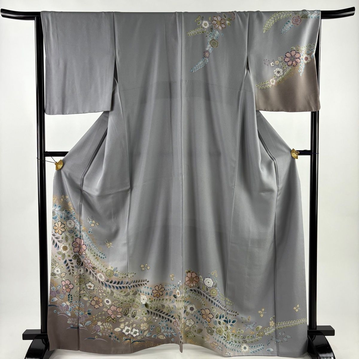 訪問着 身丈166 5 cm 裄丈65 M 袷 草花 芝 金彩 ぼかし 灰色 正絹