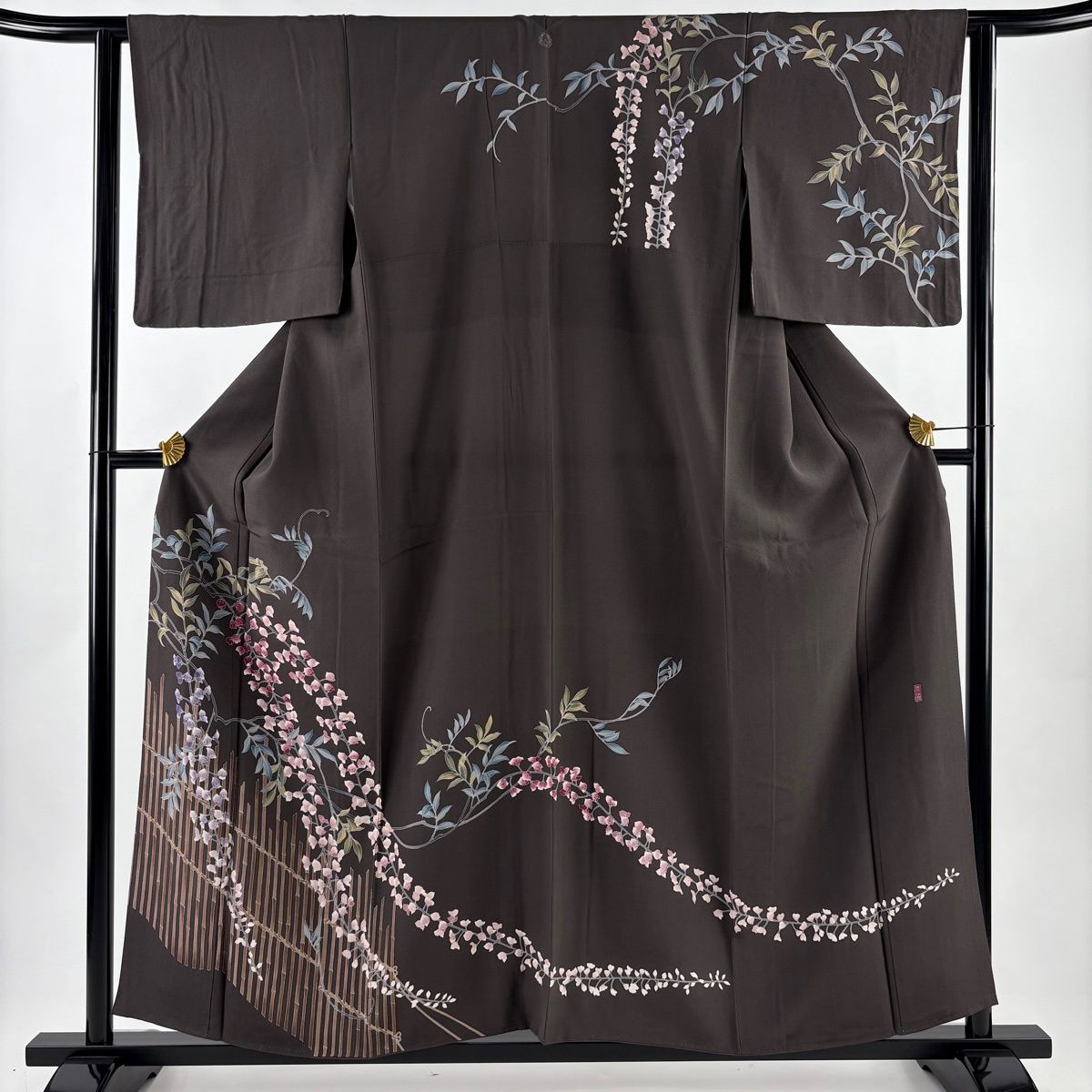 訪問着 身丈158.5 cm 裄丈62 S 袷 落款 草花 竹垣 茶紫 正絹 名品 一つ紋