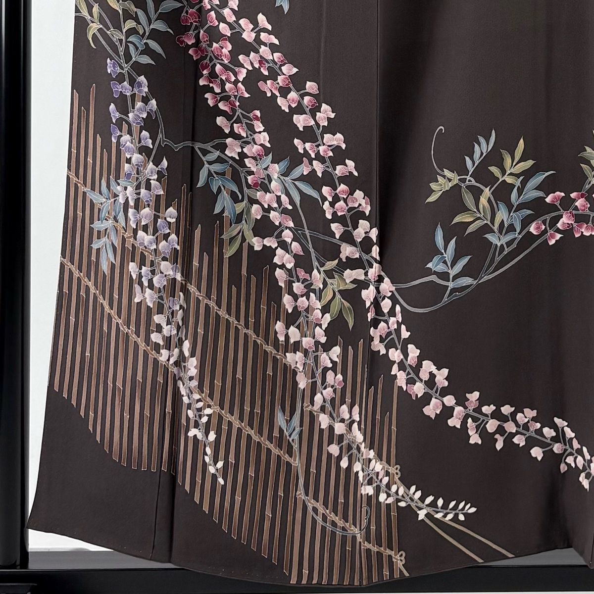 訪問着 身丈158.5 cm 裄丈62 S 袷 落款 草花 竹垣 茶紫 正絹 名品 一つ紋