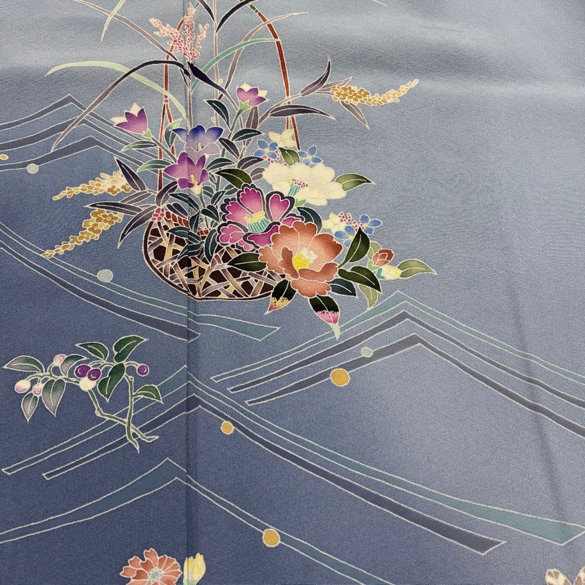  付下げ 身丈167.5 cm 裄丈66.5 M 袷 岡本幸治 落款 花籠 葉と実 ぼかし 染分け 水色 正絹 訪問着 付け下げ 着物