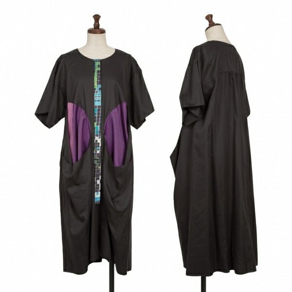 ツモリチサトTSUMORI CHISATO ポケットカラー切替半袖ワンピース 黒