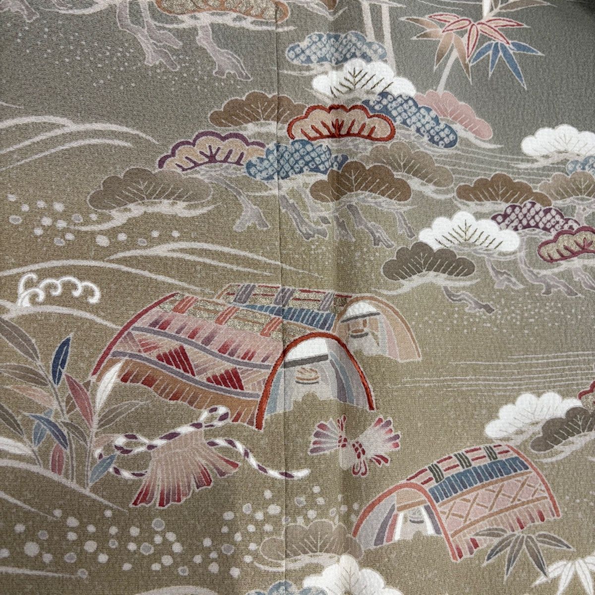  訪問着 身丈160 cm 裄丈63.5 S 袷 松竹梅 流水 縮緬 刺繍 灰緑 正絹 一つ紋 訪問着 付け下げ 着物