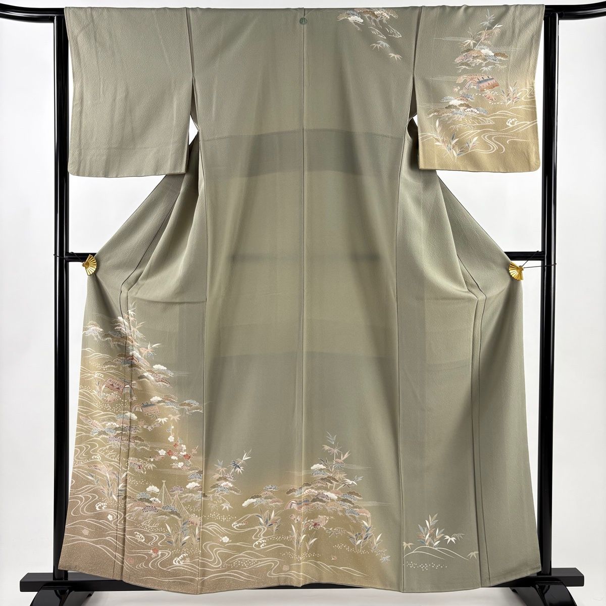 訪問着 身丈160 cm 裄丈63.5 S 袷 松竹梅 流水 縮緬 刺繍 灰緑 正絹 名品 一つ紋