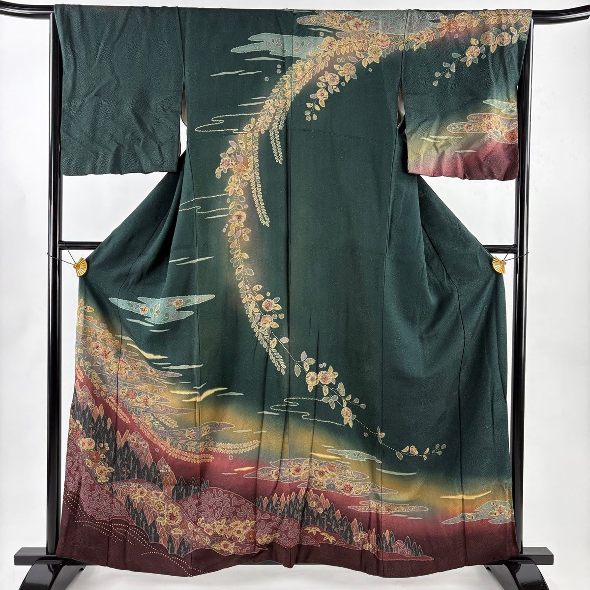 訪問着 身丈161 cm 裄丈65.5 M 袷 辻ヶ花 霞 金通し ぼかし 深緑 正絹 名品