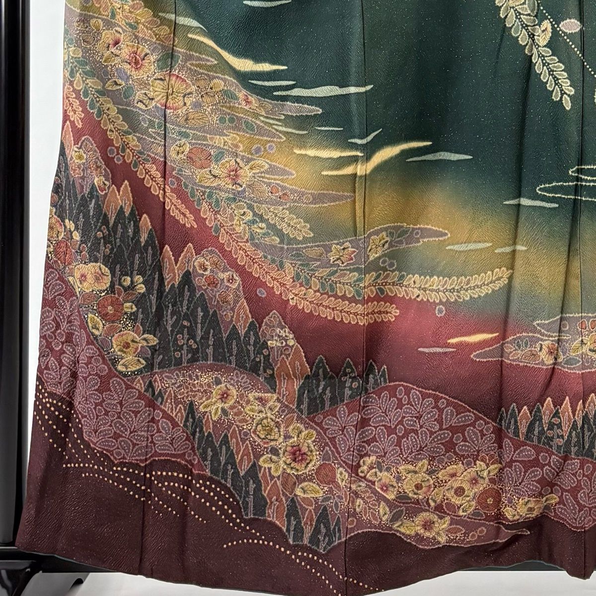 訪問着 身丈161 cm 裄丈65.5 M 袷 辻ヶ花 霞 金通し ぼかし 深緑 正絹 名品