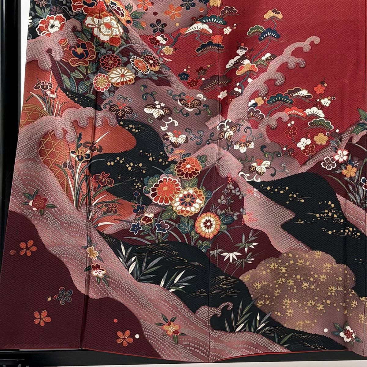 訪問着 身丈160 cm 裄丈65 M 袷 ますいわ屋 松竹梅 波 金彩 染め分け 黒 正絹